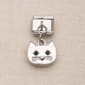 Maillon de bracelet modulaire italien avec tête de chat argentée et yeux en strass verts - Style Tête de Chat Yeux Verts Argent