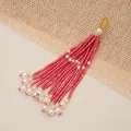Handmade red beaded tassel pendant with white pearls for necklaces - Red