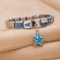 Bracelet italien modulaire en acier inoxydable orné d'un pendentif étoile de mer bleue pailletée - 10