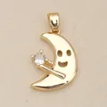 Golden copper crescent moon pendant featuring a smiley face and sparkling white stone - Smiley Moon (6) / Gold