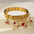 Bracelet modulaire italien doré avec charms en strass rouge en forme de cœur et cerise - 12