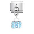 Detail view of Italian charm link featuring light blue enamel suitcase with heart - Silver Enamel Suitcase Pendant (ICG691-2) / Silver Blue