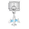 Detail van roestvrijstalen Italiaanse bedel met een blauwe emaille vliegtuig hanger - Zilveren Emaille Vliegtuig Hanger (ICG691-3)