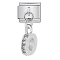 Close-up detail of Italian modular bracelet charm with CZ encrusted dangling bead element - Silver Rhinestone Circle Pendant (ICJ691-1) / Silver