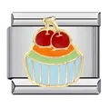 Maillon de charme italien en acier inoxydable avec cupcake en émail et décor de cerise - Style Cupcake aux Fruits Colorés (ICJ155-1)