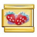 Primer plano de un eslabón de pulsera italiana dorado con fresas de esmalte de colores - Patrón de Fresa (ICP-JC161-1G) / Dorado
