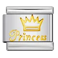 Detail shot of stainless steel Italian charm link with gold crown and Princess text - Gold Crown Style(ICY406)