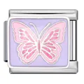 Détail macro d'un lien de bracelet italien en acier avec motif de papillon rose - Style Papillon sur Fond Violet (ICJ445-1)