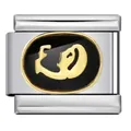 Macro view of a stainless steel modular charm with golden zodiac motif on black enamel - Virgo (ICJ464-1)