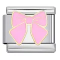 Detail macro view of a pink enamel bow charm for Italian modular stainless steel bracelet - Pink Bow Style (ICJ1060)