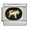 Close-up of stainless steel modular link with gold dog pattern and black enamel - Taurus (ICJ465-1)