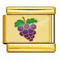 Vista detallada de un charm modular dorado de acero inoxidable con uvas moradas - Patrón de Uva (ICP-JC106-7G) / Dorado