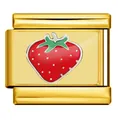 Vista detallada de un módulo de charm italiano dorado con un vibrante diseño de fresa esmaltada - Patrón de Fresa (ICP-JC141G) / Dorado