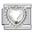 Dettaglio ravvicinato di charm italiano a forma di cuore con zircone bianco in acciaio - Cuore in Strass Trasparente (ICJ1478-3)