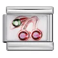 Abalorio modular italiano para pulseras DIY con un diseño de cereza roja en blanco. - Patrón de Cereza (ICP-JC140S) / Plateado
