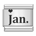 Detalle macro del charm de eslabón italiano de acero con corazón y grabado de 'Jan.' - Paquete de 5 / Enero (ICK001)