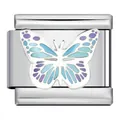 Primer plano detallado de un abalorio de mariposa en acero para pulseras italianas - Patrón de Mariposa Azul y Púrpura (ICJ689-1)