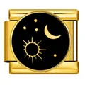 Detailed view of a gold Italian charm link with sun moon and star pattern on black - Gold Base Black Sun Moon (ICJ2295)