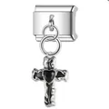 Close-up of stainless steel cross charm with black heart for Italian bracelet - Silver Cross with Black Heart (ICG579-2)