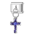Close-up of a silver cross charm with purple enamel and blue heart crystal for bracelets. - Purple Cross with Heart Blue Rhinestone (ICG579-4)