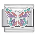 Detalle de un eslabón de charm italiano de acero inoxidable con mariposa de colores - Patrón de Mariposa Azul Verde y Rosa Púrpura (ICJ689-5)