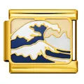 Detailed macro view of gold-finish Italian charm link with Great Wave enamel art - Great Wave Style (ICJ960-2) / 5 Pieces