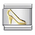 Macro detail of stainless steel Italian charm link featuring a golden high heel shoe outline. - Gold High Heel Pattern (ICY203)