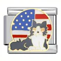 Abalorio italiano esmaltado con diseño de perro y bandera americana para pulsera DIY - Perro Pastor y Bandera de EE. UU. (ICJ904-1)