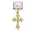 Detailed view of a gold cross pendant charm set with stones for modular link bracelets. - Two-Tone Micro Pave Rhinestone Cross (ICG332-2)