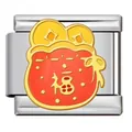 Chinese style red fortune bag charm for modular bracelet, stainless steel - Fu Character Lucky Bag (ICJ2884)