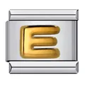 Close-up detail of a stainless steel Italian charm link with a raised gold letter E - Alphabet Letter-E / 5 Pieces/Pack