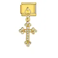Macro view of a golden stainless steel cross charm for Italian modular bracelet links - Gold Full Pave Rhinestone Cross (ICG332-1)