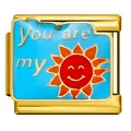 Detail view of a 9mm gold Italian charm link with sun design and You are my text - Smiling Sun (ICJ642-2)