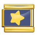 Close-up of gold Italian charm link with yellow star on blue enamel background - Blue Star Pattern (ICP-YCAA0067-2)