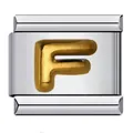 Detail view of a stainless steel Italian charm link with a 3D gold-plated letter F - English Letter-F / 5 Pieces/Pack