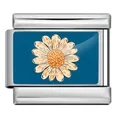 Detailed macro view of a stainless steel Italian charm link with orange daisy pattern. - Blue Daisy Pattern (ICP-YCAA0068-1)