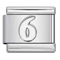 Macro view of silver stainless steel Italian charm bracelet link with number 6 engraving - Engraved Number 6 (ICY370)