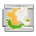 Vue macro d'un charm italien en acier avec colombe blanche et croix orange émaillée - Colombe et Croix (ICJ909-1)