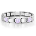 Vista detallada de pulsera modular italiana de acero con flores púrpuras y perlas - Flor Púrpura Base de Plata (ICH092-5)
