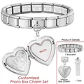 Detail view of customizable stainless steel heart photo locket with Italian link bracelet - Paw Print Pattern Heart Locket Style (S-DZ-ICG944-5)