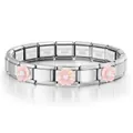 Pulsera italiana modular de acero inoxidable con flores rosas y detalles de perla - Flor Rosa Base de Plata (ICH092-4)