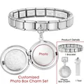 Detailed view of stainless steel Italian charm bracelet and photo locket charm set - Round Floral Locket Style (S-DZ-ICG944-6)