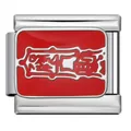 Macro detail of stainless steel Italian charm with red enamel and Chinese Fu character blessing. - Red Fu Character Link (ICJ2894)