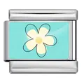 Close-up of a stainless steel Italian charm featuring a white flower on a blue background - Light Blue White Flower Pattern (ICP-YCAA0073-1)