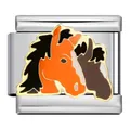 Détail macro d'un maillon de bracelet italien en acier avec tête de cheval émaillée orange - Tête de Cheval Réaliste (ICJ914-1)