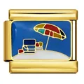 Close-up of gold Italian charm link with colorful beach umbrella enamel design. - Beach Vacation Style (ICJ593-1) / 5 Pieces