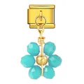 Gold-plated Italian link charm featuring a turquoise crystal flower pendant for DIY bracelets - Gold Base Blue-Green Flower (ICG783)