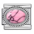 Macro view of oval pink stone Italian charm link in beaded stainless steel frame. - Pink Turquoise Style (ICJ2615-3)