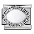 Macro detail of oval white stone charm link with beaded bezel for Italian modular bracelet - White Turquoise Style (ICJ2615-1)
