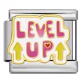 Stainless steel Italian modular bracelet charm with Level Up text and pink heart motif - Level Up Style (ICJ2293)